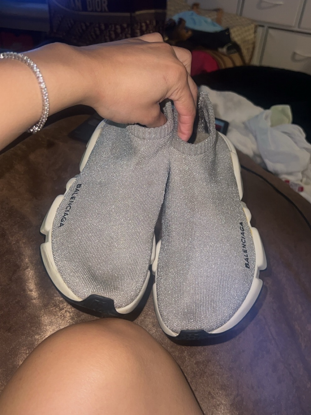 Balenciaga Silver Gray Knit Speed Trainer Sneakers